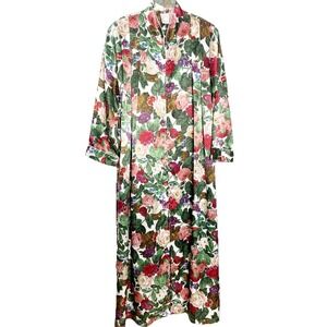 VTG Eve Stillman Long Floral Satin Zip Front‎ House Coat Robe  Cottagecore Med